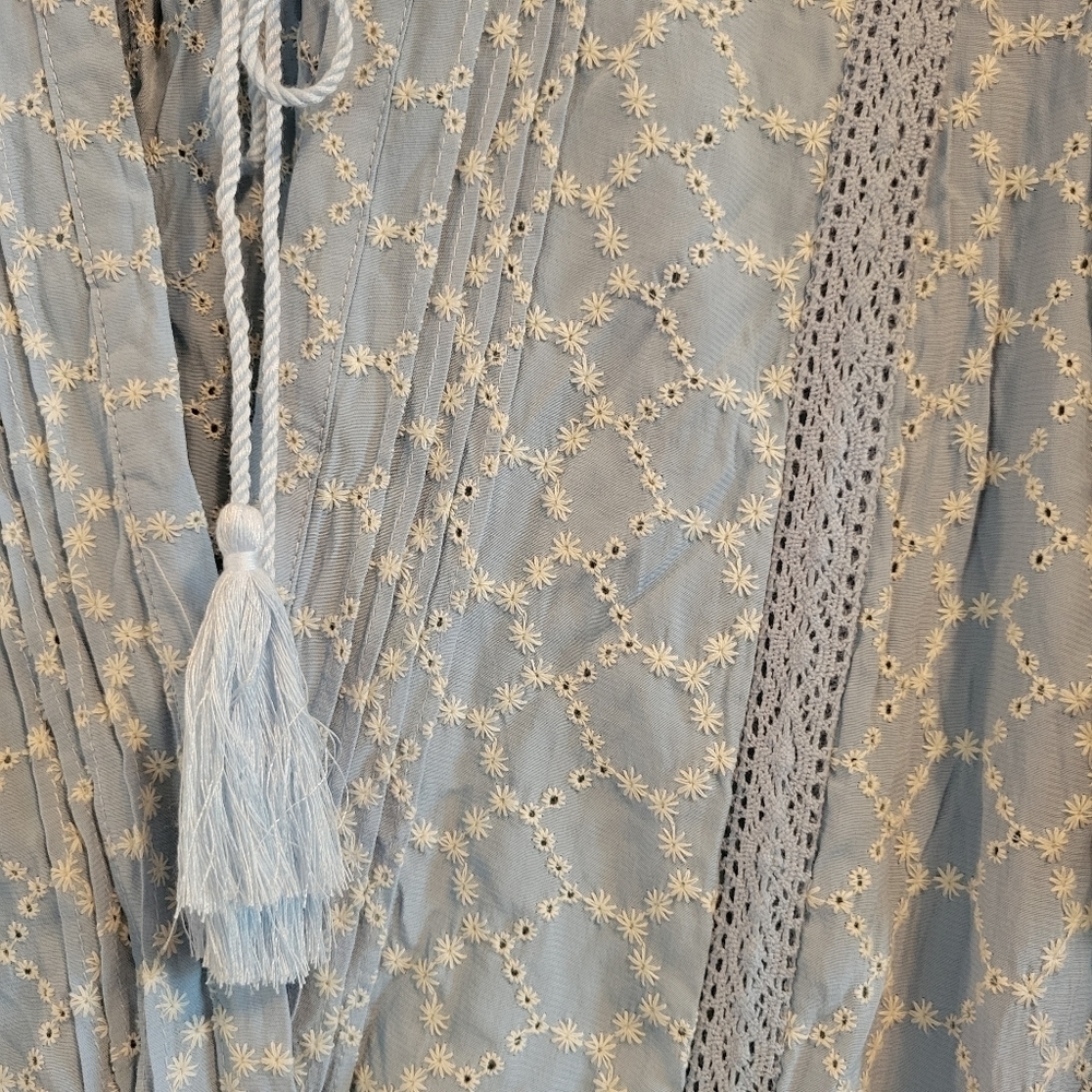 Mabel Blue White Eyelet Puff Sleeve Ruffle Tiered Skirt Mini Dress - Picture 3 of 7